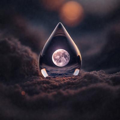 Primary subject: A tear-shaped glass object with a moon inside it.

Setting/background: The object is placed on a snowy surface, with a dark sky in the background.

Visual style: The image is a digital artwork.

Colors and mood: The dominant colors are black, white, and gray, creating a moody and dramatic atmosphere.